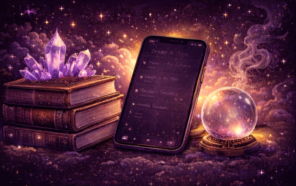 Dream archive on a phone beside leather books, crystals, and a glowing crystal ball