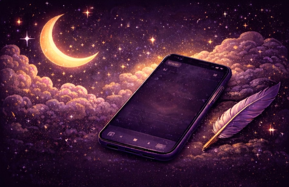 Phone and quill on soft clouds under a crescent moon