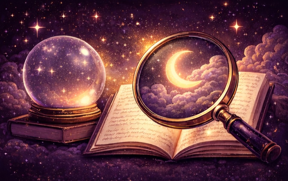 Open book under a starry sky; a magnifying glass reveals a glowing crescent moon