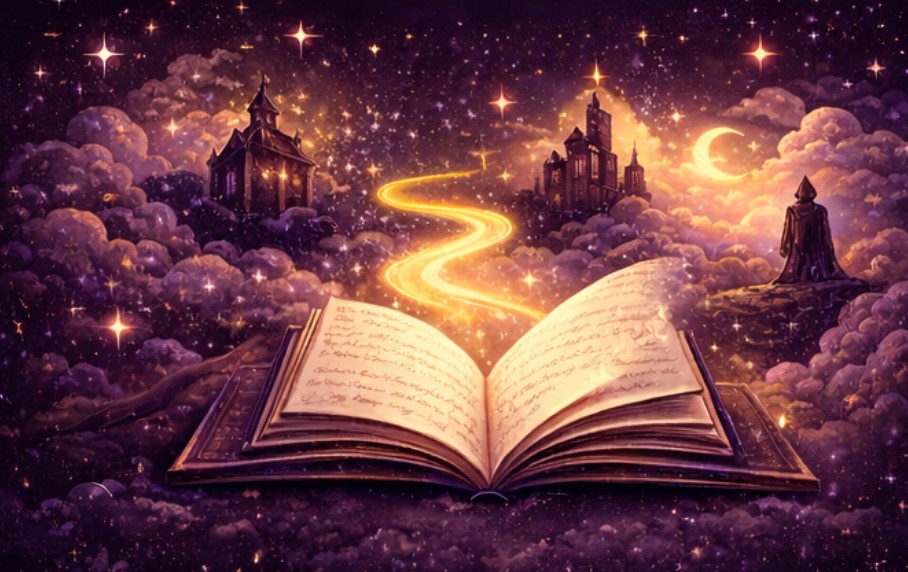 Open book with a glowing golden path leading into a starry sky with castles on the clouds